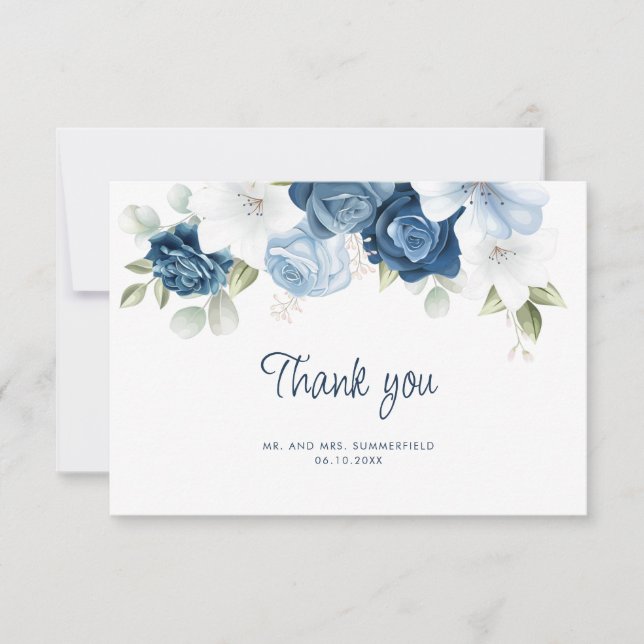Elegant Dusty Blue Floral Eucalyptus Wedding Thank You Card (Front)