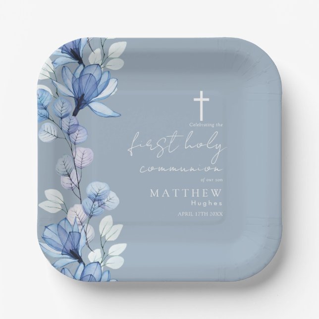 Elegant Dusty Blue Floral First Holy Communion Paper Plate (Front)