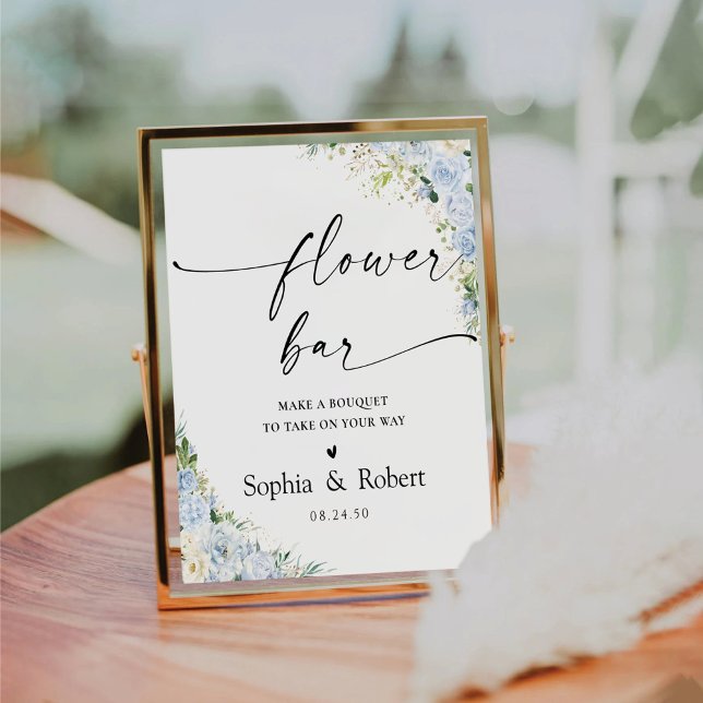 Elegant Dusty Blue Floral Flower Bar Sign (Creator Uploaded)