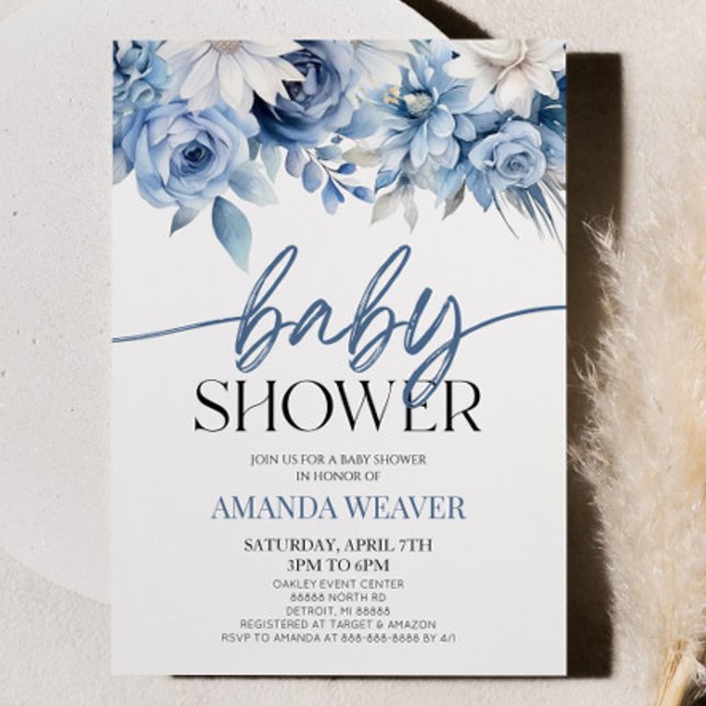 Elegant Dusty Blue Floral Flowers Baby Shower Invitation (Creator Uploaded)