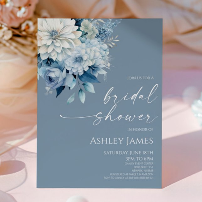 Elegant Dusty Blue Floral Flowers Bridal Shower Invitation (Creator Uploaded)