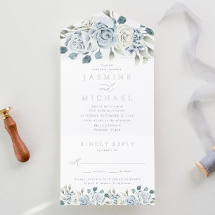 Elegant Dusty Blue Floral Foil Wedding All In One Invitation