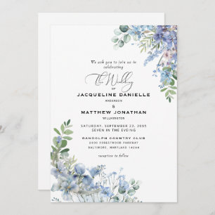 Elegant Dusty Blue Floral Foliage Wedding Invitation