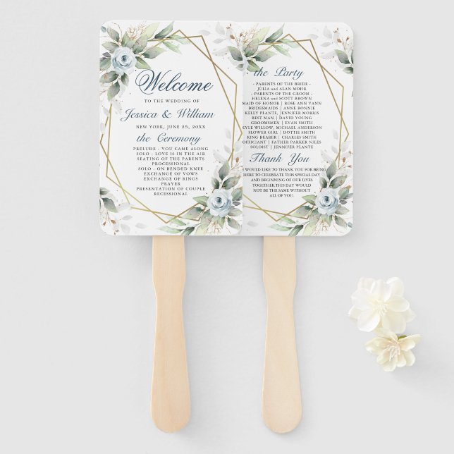 Elegant Dusty Blue Floral Foliage Wedding Program Hand Fan (Front and Back)