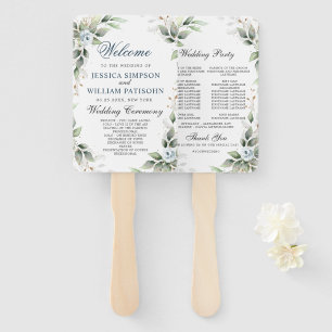 Elegant Dusty Blue Floral Foliage Wedding Program Hand Fan