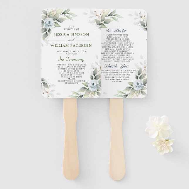 Elegant Dusty Blue Floral Foliage Wedding Program Hand Fan (Front and Back)
