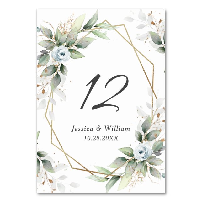 Elegant Dusty Blue Floral Foliage Wedding Table Number (Front)