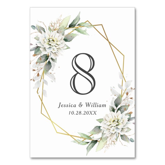 Elegant Dusty Blue Floral Foliage Wedding Table Number (Front)