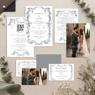 Elegant Dusty Blue Floral Frame Wedding Invitation