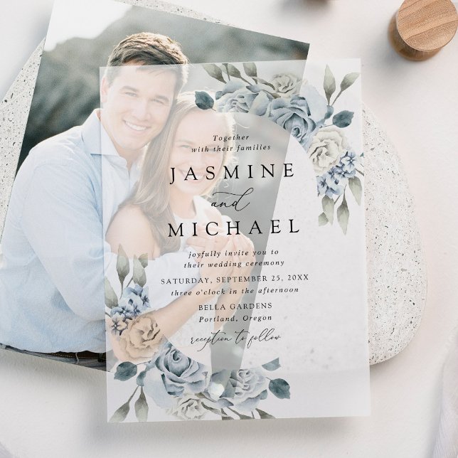 Elegant Dusty Blue Floral Frame Wedding Vellum Invitations (Creator Uploaded)