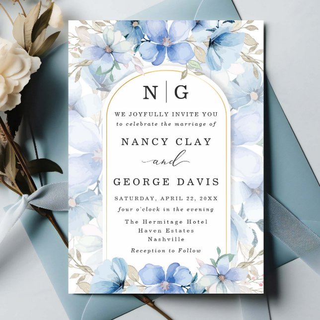 Elegant Dusty Blue Floral Garden Monogram Wedding Invitation (Creator Uploaded)