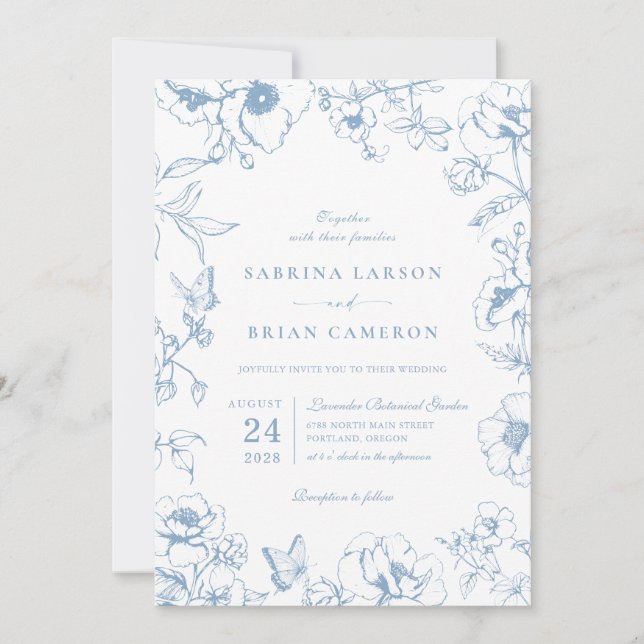 Elegant Dusty Blue Floral Garden QR Code Wedding Invitation (Front)