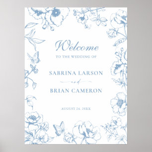Elegant Dusty Blue Floral Garden Wedding Welcome Poster