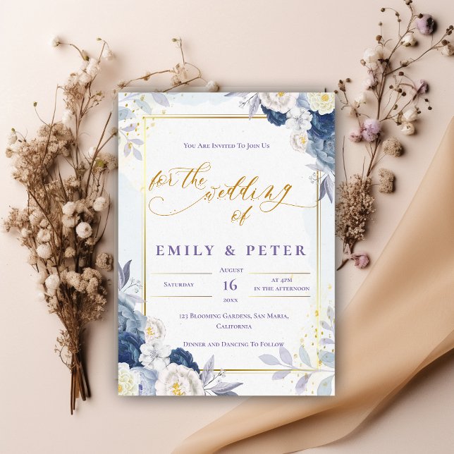 Elegant Dusty Blue Floral Gold Border Wedding Invitation (Elegant Dusty Blue Floral Gold Border Wedding Invitation)