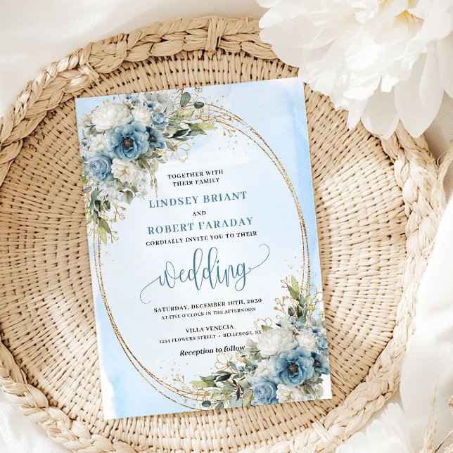 Elegant Dusty Blue Floral Gold Frame Wedding  Invitation (Elegant Dusty Blue Floral Gold Frame Wedding Invite)