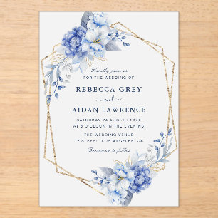 Elegant Dusty Blue Floral Gold Geometric Wedding Acrylic Invitations