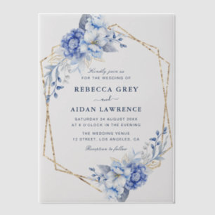 Elegant Dusty Blue Floral Gold Geometric Wedding Vellum Invitations