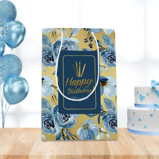 Elegant Dusty Blue Floral Gold Happy Birthday Medium Gift Bag
