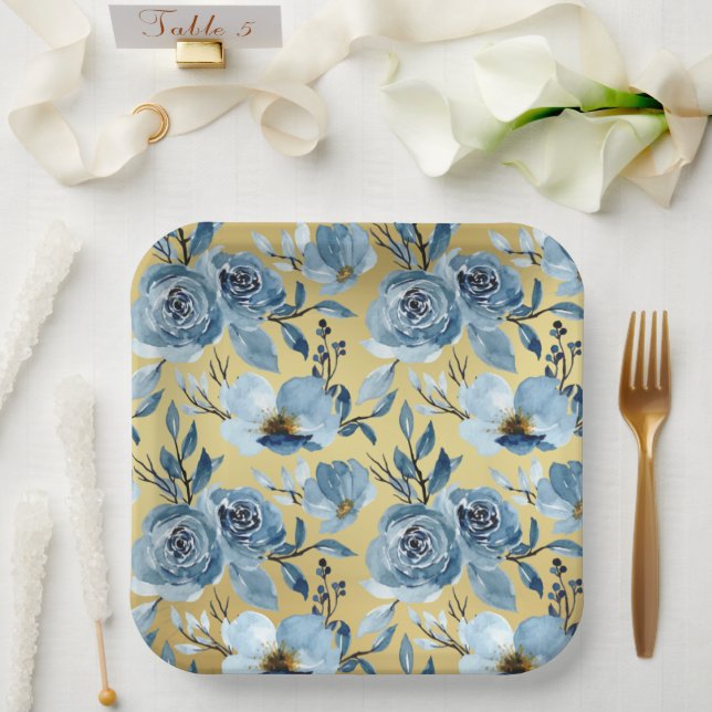 Elegant Dusty Blue Floral & Gold Square Party Paper Plate (Wedding)