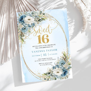 Elegant Dusty Blue Floral Gold Sweet Sixteen 16th Invitation