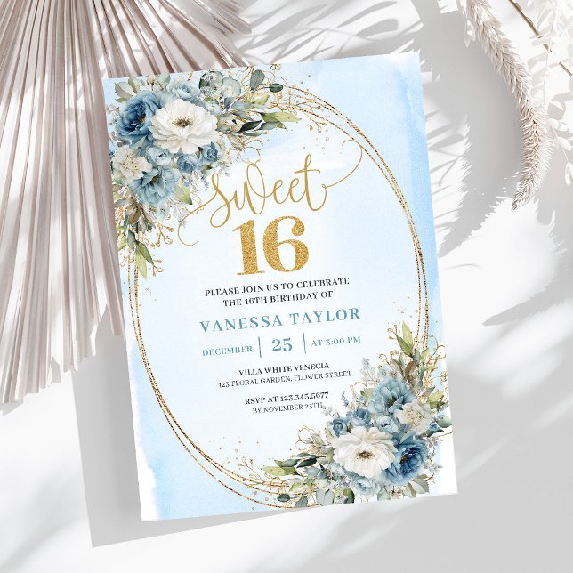 Elegant Dusty Blue Floral Gold Sweet Sixteen 16th Invitation (Elegant Dusty Blue Floral Gold Sweet Sixteen Invitation)