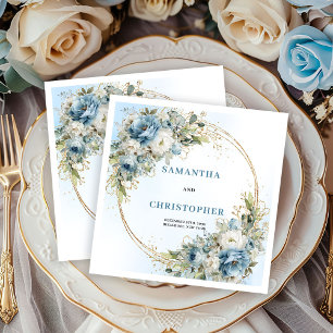 Elegant Dusty Blue Floral Gold Wedding Napkins