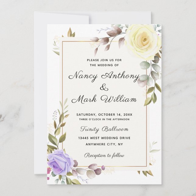 Elegant dusty blue floral Golden frame wedding Invitation (Front)