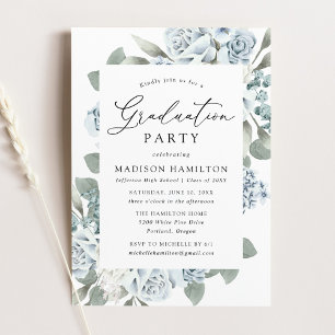 Elegant Dusty Blue Floral Graduation Party Invitation