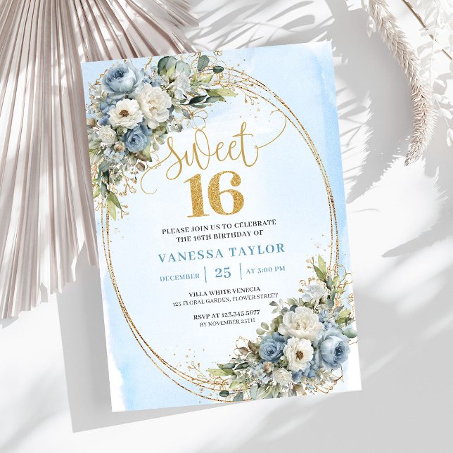Elegant Dusty Blue Floral Greenery Sweet Sixteen  Invitation (Elegant Dusty Blue Floral Greenery Sweet Sixteen Invite)