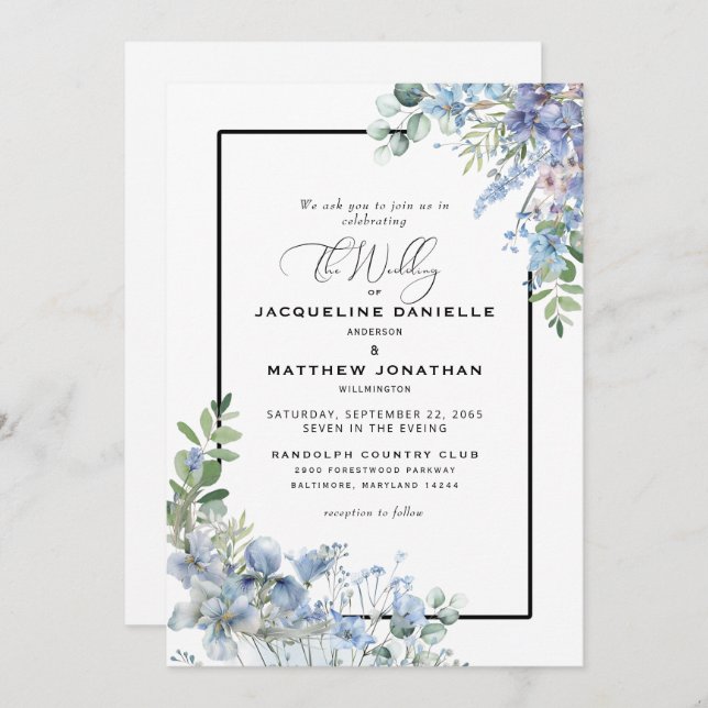 Elegant Dusty Blue Floral Greenery Wedding Invitation (Front/Back)