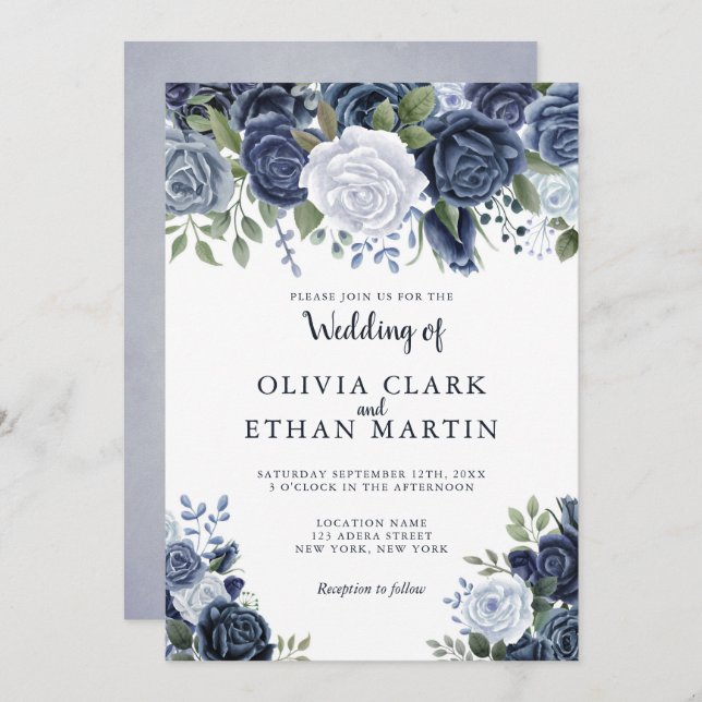 Elegant Dusty Blue Floral Invitation (Front/Back)