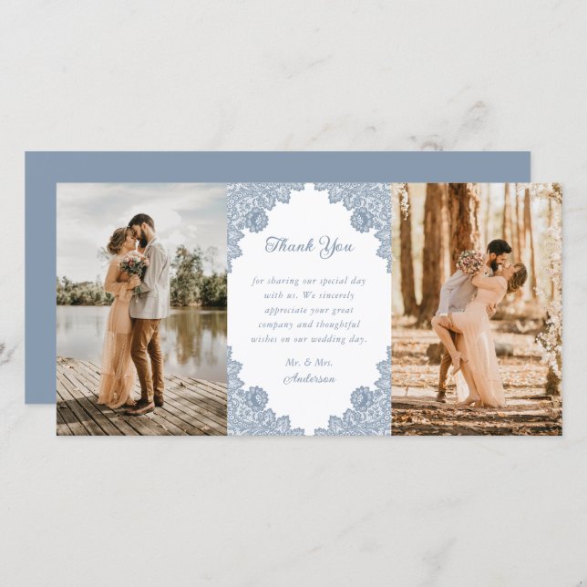 Elegant Dusty Blue Floral Lace Wedding Photo Thank You Card (Front/Back)
