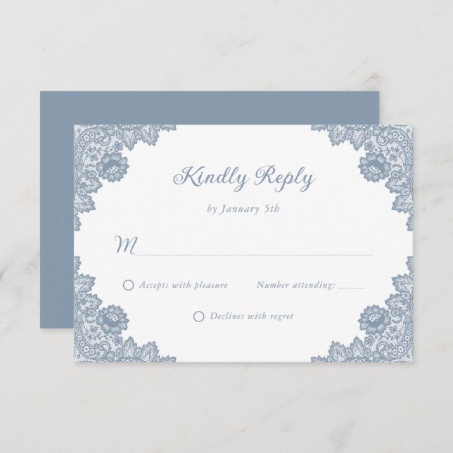 Elegant Dusty Blue Floral Lace Wedding RSVP Card (Front/Back)