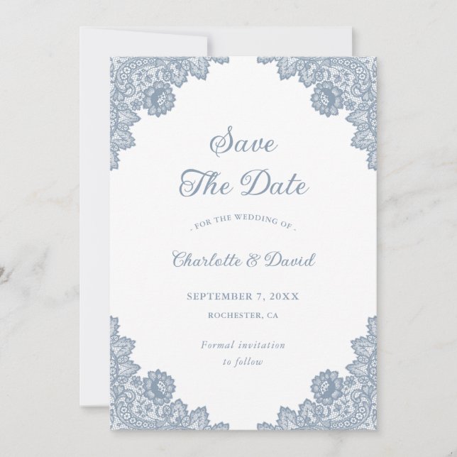Elegant Dusty Blue Floral Lace Wedding Save The Date (Front)
