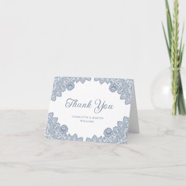 Elegant Dusty Blue Floral Lace Wedding Thank You Card (Front)