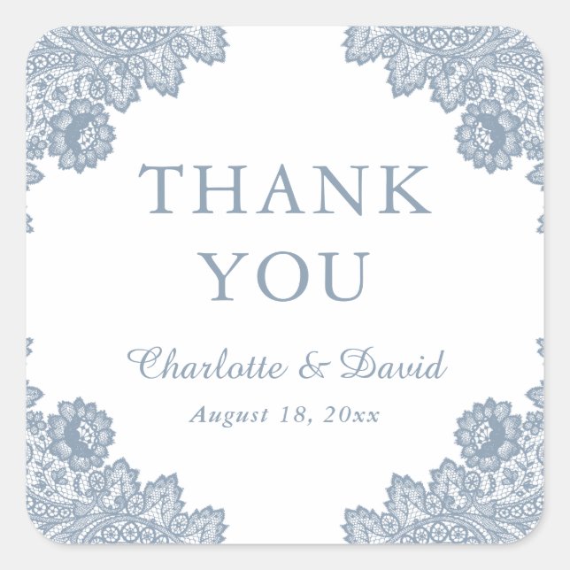 Elegant Dusty Blue Floral Lace Wedding Thank You Square Sticker (Front)