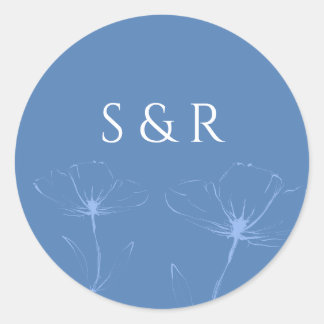 Elegant Dusty Blue Floral Line Art Monogram Round  Classic Round Sticker