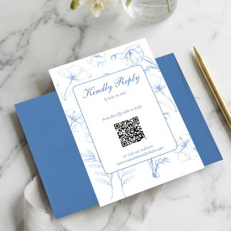 Elegant Dusty Blue Floral Line Art QR Code Wedding RSVP Card