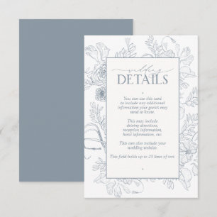 Elegant Dusty Blue Floral Line Art Wedding Details Enclosure Card