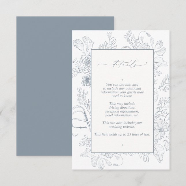 Elegant Dusty Blue Floral Line Art Wedding Details Enclosure Card (Front/Back)