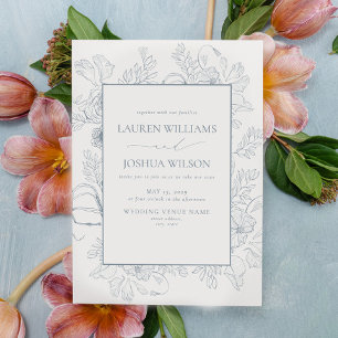 Elegant Dusty Blue Floral Line Art Wedding  Invitation