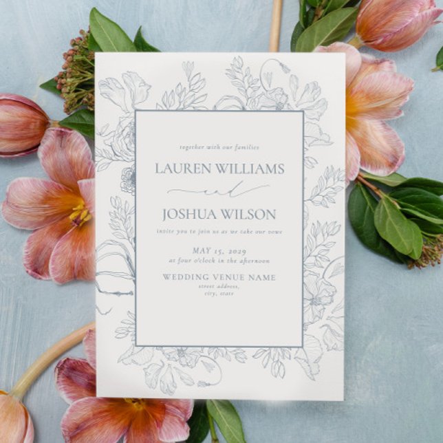 Elegant Dusty Blue Floral Line Art Wedding  Invitation (Creator Uploaded)