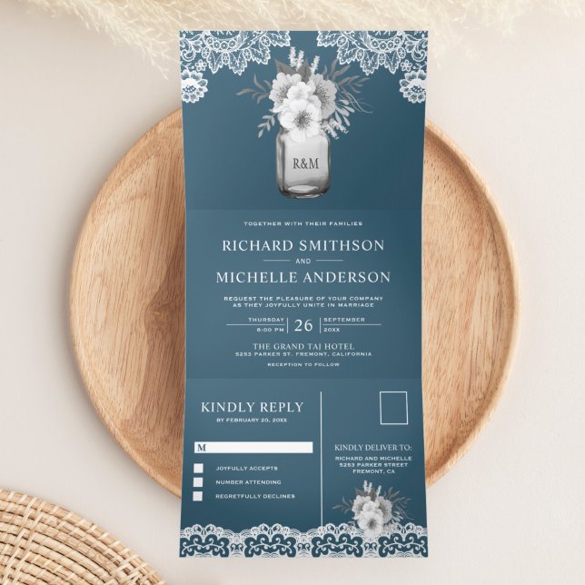 Elegant Dusty Blue Floral Mason Jar Lace Wedding Tri-Fold Invitation (Creator Uploaded)