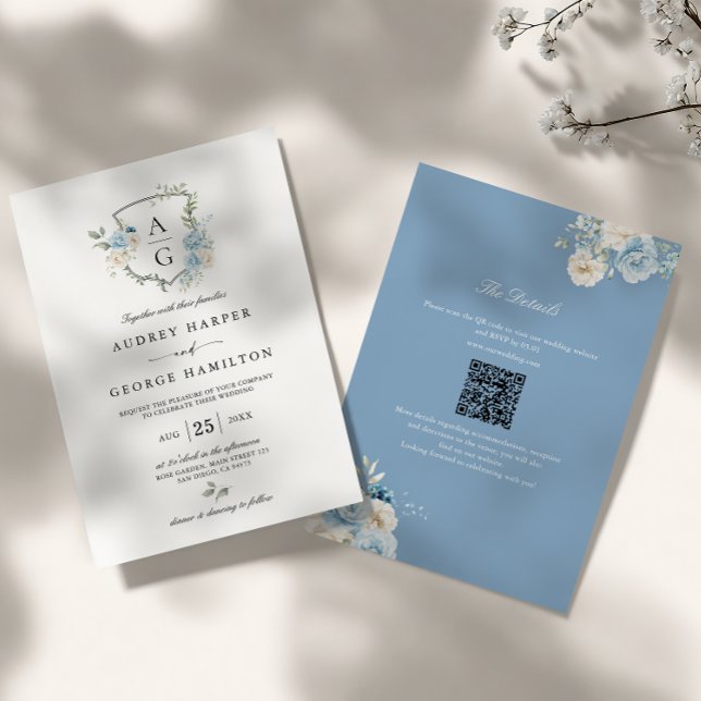 Elegant Dusty Blue Floral Monogram Crest Wedding Invitation (Creator Uploaded)