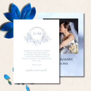 Elegant Dusty Blue Floral Monogram Crest Wedding Thank You Card