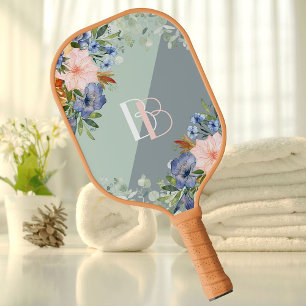 Elegant Dusty Blue Floral Monogram   Pickleball Paddle