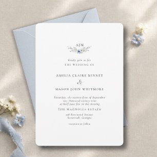 Elegant Dusty Blue Floral Monogram Wedding Invitation
