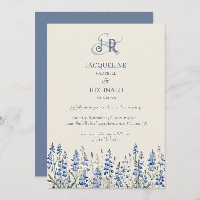 Elegant Dusty Blue Floral Monogram Wedding Invitation (Front/Back)