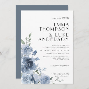 Elegant Dusty Blue Floral Pastel Wedding Invitation