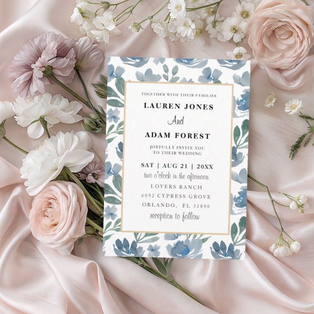 Elegant Dusty Blue Floral Pattern Wedding Invitation (Creator Uploaded)